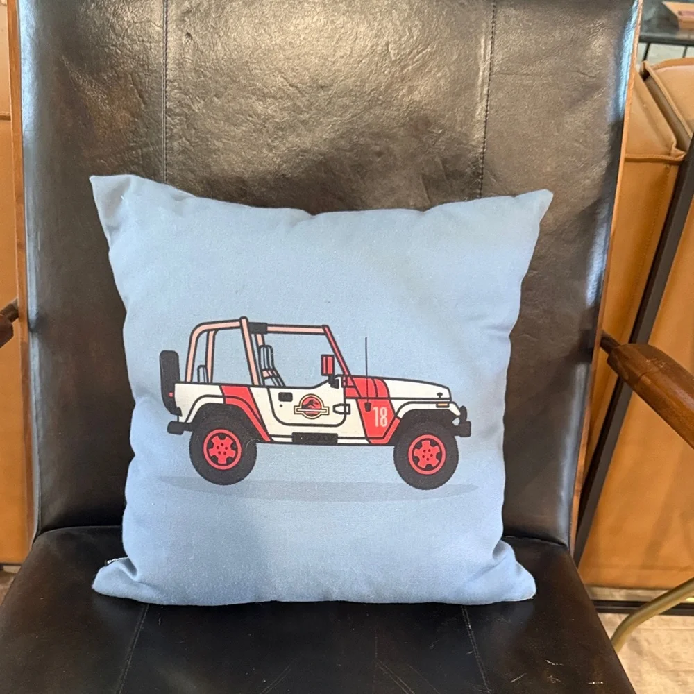 Blue Decorative Pillow with Jeep Design